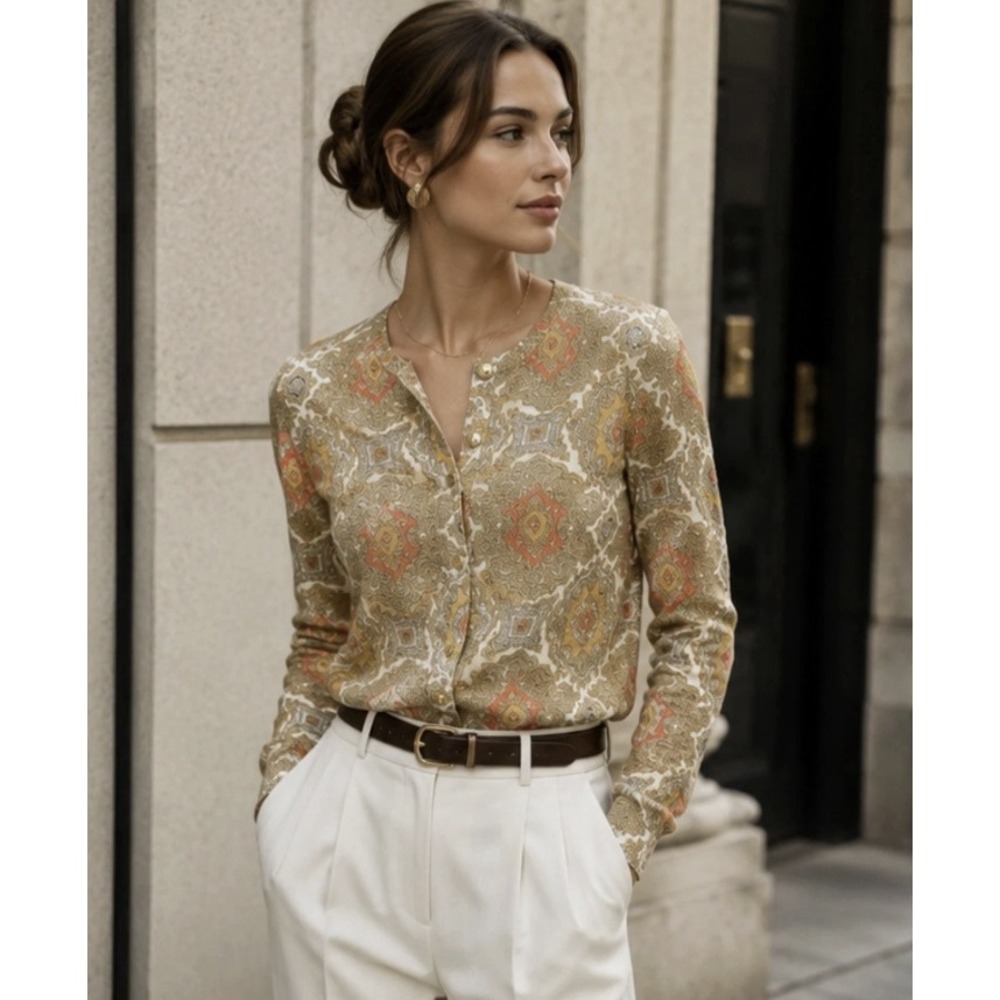 Talbots Petite Gold Metallic Paisley Cardigan Sweater Size M/P
